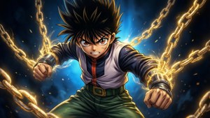 動漫男孩，尖刺頭髮，在宇宙環境中揮舞發光金色鎖鏈
