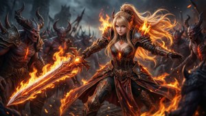 一位身穿火焰盔甲的女戰士在風暴戰場上用火焰劍與惡魔敵人戰鬥。