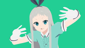動漫女孩，銀色頭髮和藍色眼睛，在青色背景前揮動雙手。