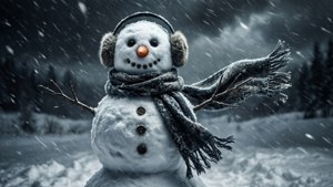 雪人戴著耳罩和圍巾，在暴風雪中的雪地森林裡
