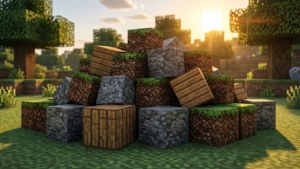 草地上的一堆Minecraft方塊，帶有像素化樹木和夕陽背景