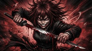 紅髮閃爍眼睛的動漫戰士，以暴力動作姿勢握著血淋淋的武士刀。
