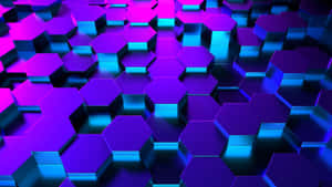 抽象3D六邊形圖案，帶有發光霓虹藍和紫色邊緣。