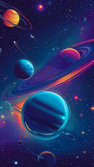 色彩繽紛的行星帶有環，在繁星點點的宇宙背景中運行