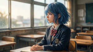 藍髮動漫女孩穿著校服坐在教室書桌前