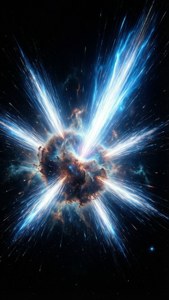 一場宇宙爆炸，藍色光束從太空中的星雲輻射出來。