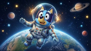 藍色卡通狗穿著太空衣在太空中漂浮，背景有地球和土星。