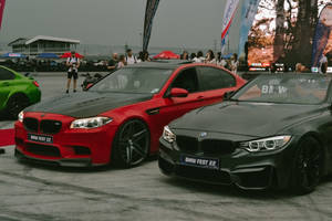 兩輛定制BMW在車展上展出，人們觀看。