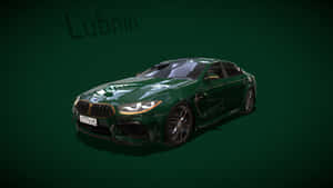 光澤綠色BMW M5轎車，帶有金色飾條和發光頭燈，背景為深綠色。