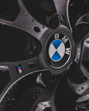 濕BMW M輪圈的近距離特寫，輪輻和標誌上有雨滴。