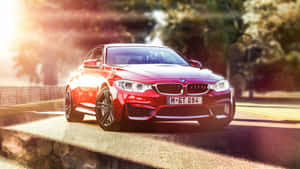 紅色BMW M4 GT4在陽光明媚的賽道上疾馳，背景有模糊的樹木。
