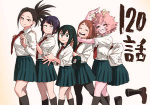 五個穿著校服的動漫女孩一起大笑。