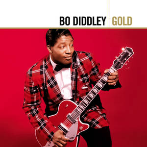 Bo Diddley 身穿紅色格紋西裝，在紅色背景前彈奏紅色電結他。 — 音樂 GIF 壁紙