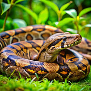 一條皇家蟒蛇盤繞在綠色草地上，在自然環境中展現細緻的鱗片和圖案皮膚。