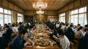 人們在傳統日本食堂的長木桌上一起享用午餐。
