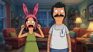 Bob 和 Louise Belcher 晚上在客廳看起來很震驚。