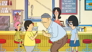 Bob's Burgers 角色在卡通餐廳，紅色凳子和菜單板。