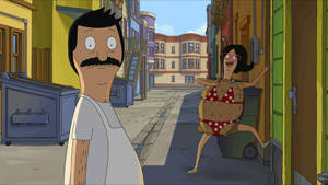 Bob Belcher 睇住Linda著住漢堡包服裝喺一條陽光普照嘅小巷度離開門口。