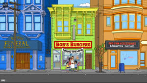 卡通家庭在Bob's Burgers餐廳外面，旁邊有古怪的鄰近商店。