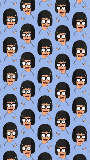 藍色背景上 Bob's Burgers 的 Tina 卡通面孔圖案。