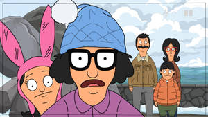 Bob's Burgers 一家在陰天時站在岩石海岸附近。 — 卡通 壁紙
