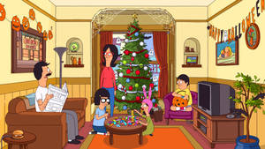 Bob's Burgers 一家在一個有萬聖節和聖誕節裝飾的客廳裡。