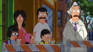 Bob's Burgers 一家和一位科學家站在城市人行道上的建築屏障後面。 — 動畫 壁紙