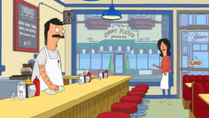 Bob Belcher 喺漢堡包店清潔櫃檯，Linda 企喺附近。 — 卡通 壁紙