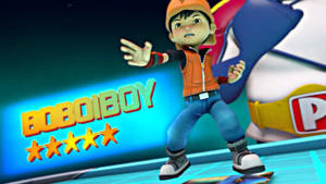 動畫男孩穿著橙色背心和帽子，站在發光平台上，帶有Boboiboy標誌。