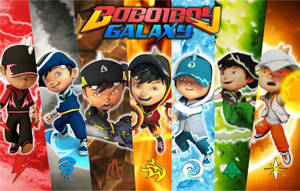 六個Boboiboy Galaxy英雄以元素背景擺出動作姿勢。