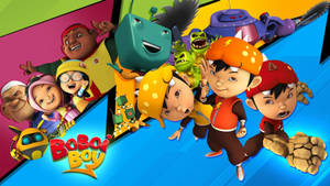 BoBoiBoy 同朋友以動感動作姿勢配上色彩繽紛嘅背景。