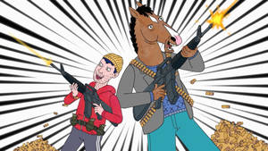卡通角色在放射狀爆發背景中射擊步槍，彈殼飛舞。