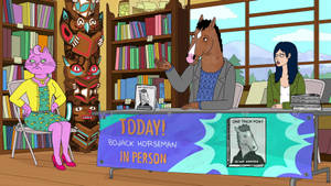 BoJack Horseman 在書店簽書，有一隻粉紅色的貓和一個女人看著。