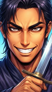 動漫男性戰士，深色頭髮，手持劍，在藍天下兇猛咧嘴笑。