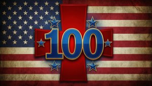 美國國旗，帶有藍色和金色的 '100'，周圍環繞星星。
