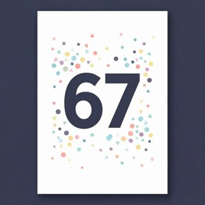 圖形印刷顯示數字67與彩色五彩紙屑點在白色背景上。
