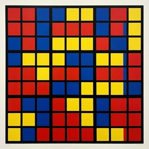 抽象藝術作品，以粗黑線分隔的紅色、藍色和黃色方塊網格為特色。 — Huawei nova Flip S 壁紙