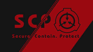 SCP基金會標誌，紅黑斜角分割背景和格言。