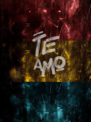 抽象數位藝術，白色「TE AMO」文字置於紅、黃、青綠色的故障背景上。 — HMD Terra M 壁紙