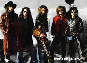 Bon Jovi 樂隊成員身穿皮褸和太陽眼鏡，結他相伴擺姿勢。