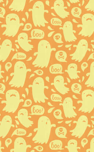 橙色背景上重複出現淡黃色卡通鬼魂說 boo 和骷髏頭。