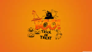 橙色背景上帶有BOO trick or treat和恐怖圖標的萬聖節圖形