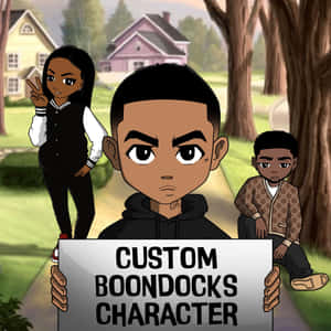 三個卡通人物在一個郊區庭院，其中一個舉著寫有 custom boondocks character 的牌子