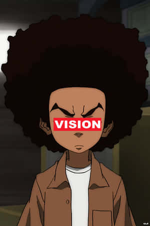 擁有爆炸頭和憤怒眼睛的動漫角色，臉上帶有VISION字樣。