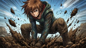 動漫男孩在泥中挖掘，泥土在他周圍飛揚。