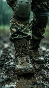 士兵在雨林地形中的泥濘靴子和迷彩褲