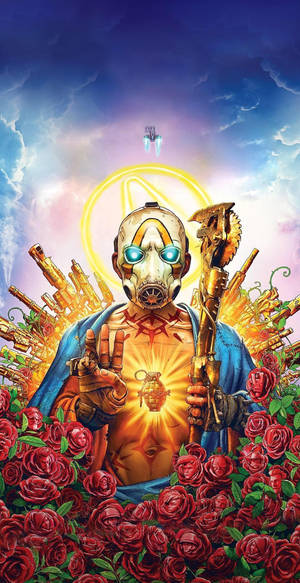 一位戴著面具的戰士被紅玫瑰包圍，在發光的光環下手持武器和手榴彈。