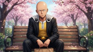 一個光頭動漫男人坐在木長椅上，在粉紅色櫻花下，拿著一個紙袋。