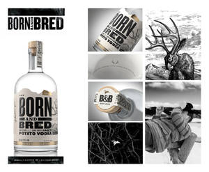 帶有鹿圖案和冬季場景的 Born and Bred 伏特加品牌形象。 — 黑白 壁紙
