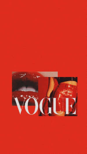 Vogue 雜誌標誌，帶有光澤嘴唇和紅色褲子，背景為紅色。